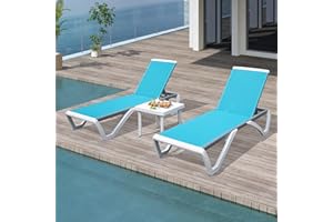 DOMI OUTDOOR LIVING Domi Outdoor Chaise Lounges, Adjustable Aluminum Patio Lounges, Plastic Pool Lounge Chairs and Side Table for Deck Lawn Backyard(2 Turquoise Blue Chairs W/Table)