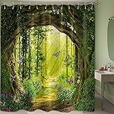 QGHOT Spring Enchanted Forest Shower Curtains for Bathroom Green Tree Nature Mountain Shower Curtain Sets Unique Decorative B