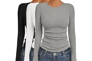 Ekouaer Women's Long Sleeve Shirts 3 Packs Crew Neck Stretchy Fitted Tops Ribbed Base Layer Soft Thermal Undershirts Tee