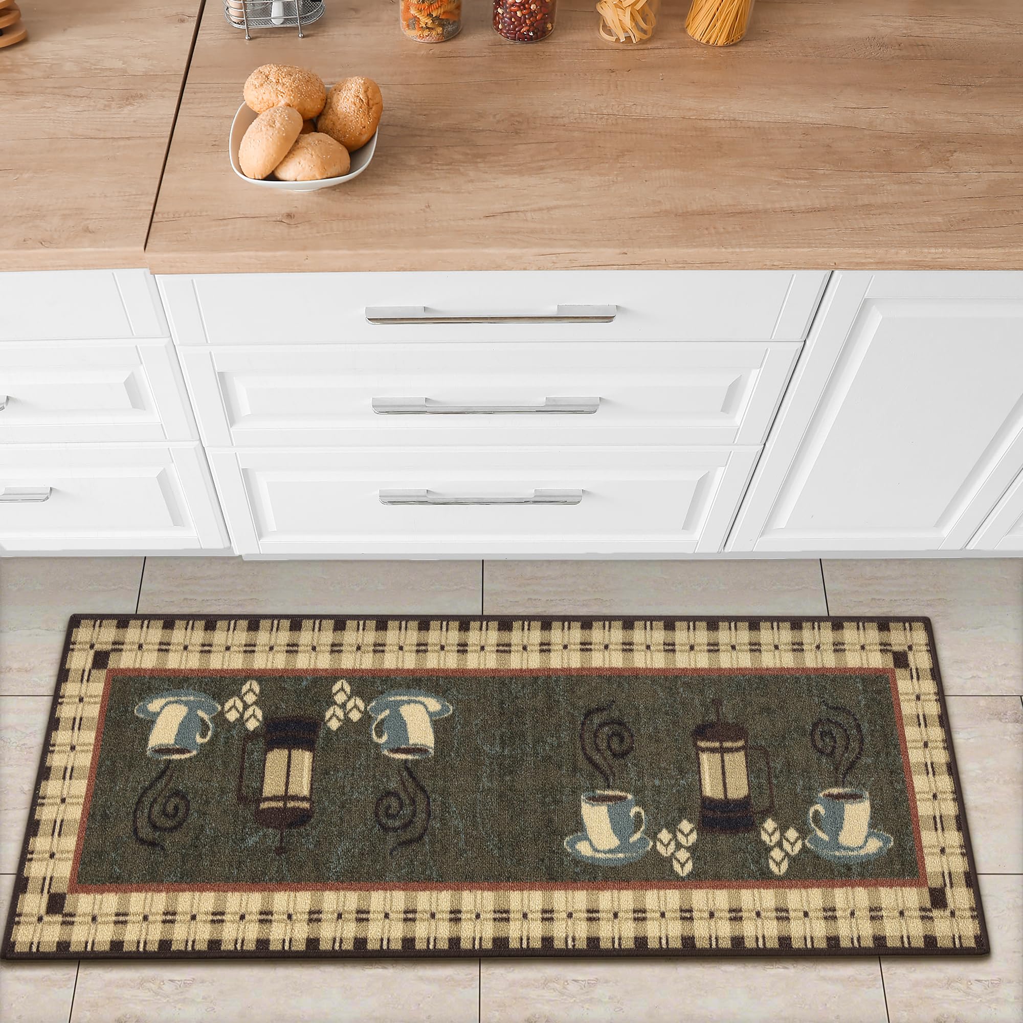 Ottomanson Siesta Collection Kitchen Coffee Cups Design Rubberback Runner Rug, 50 cm x 150 cm, Olive Green Coffee โ image 1