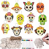 Eternity Sky 72PCS Day of The Dead Wooden Craft Kit Sugar Skull Dia De Los Muertos Halloween Hanging Decor with Coloring Pen Rop
