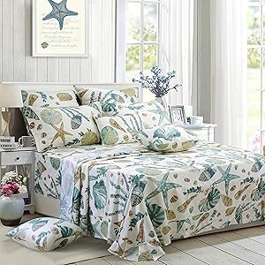 FADFAY Sheet Set King Beach Themed Bedding Sets 100% Cotton Super Soft Coastal Bedding White Teal Seashells and Starfish Nautical Bedding with Deep Pocket Fitted Sheet 4-Pieces King Size