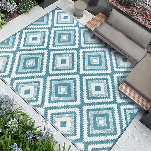 Famibay Outdoor Rug Garden Waterproof Large Outdoor Carpet Patio Rugs Reversible Plastic Straw Mat Lightweight Teal Geometric Garden Carpet for Camping Balcony Deck Porch BBQ