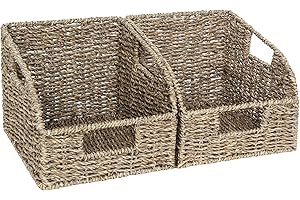 StorageWorks Pantry Wicker Storage Baskets for Organizing with Built-in Handles, Handwoven Basket for Shelves, Natural Seagra