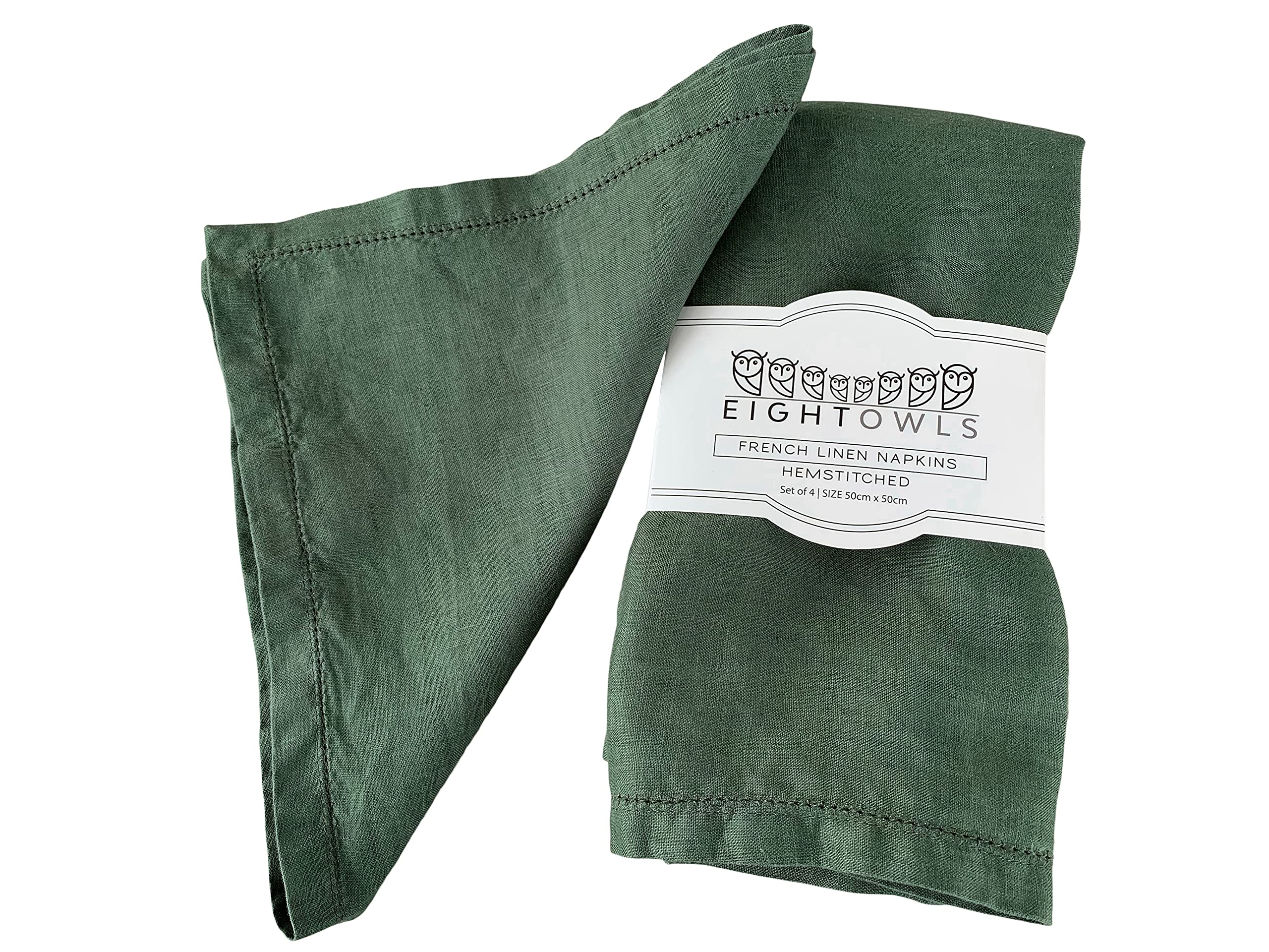 Hemstitched Linen Napkins – 50 cm x 50 cm - Stonewashed Pure Linen Cloth Napkins with Mitered Corners – Set of 4 (Rustic Green)