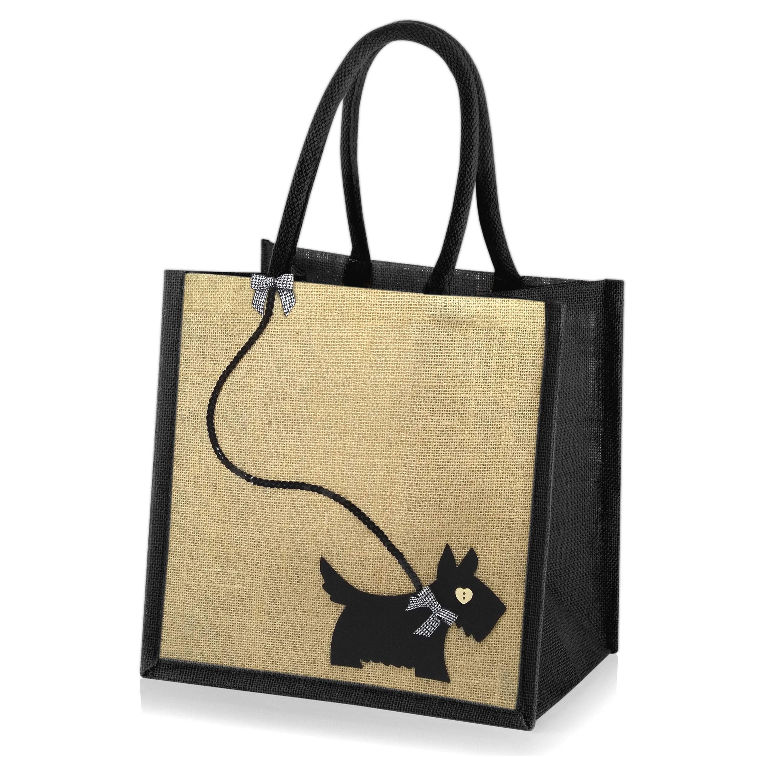 Jute Hessian Medium Black Trim Shopping Bag - Scottie Dog on Sequin Lead - 30x30x20cm (Black)
