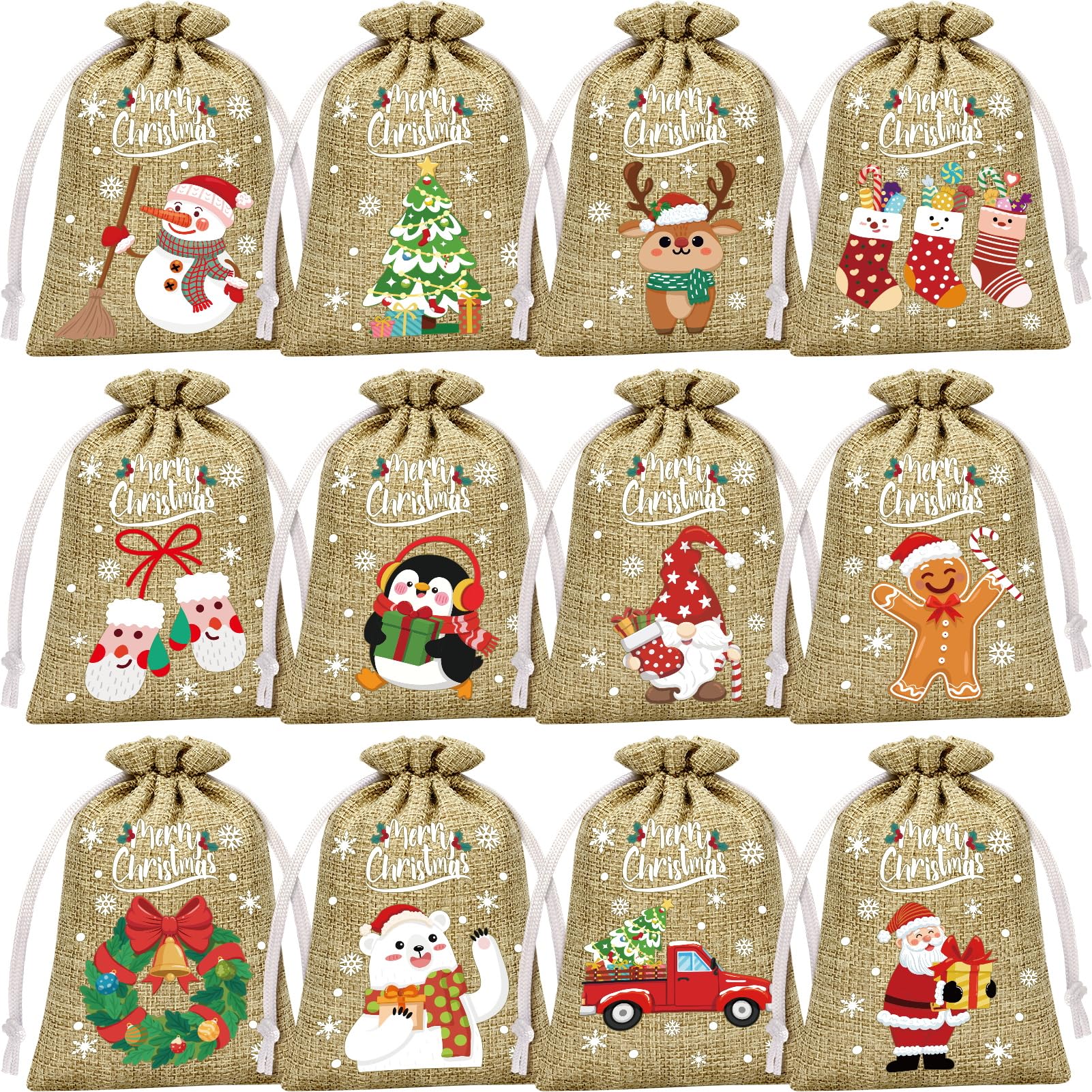Photo 1 of FLOE 36Pcs Christmas Burlap Gift Bags with Drawstring Christmas Linen Bags Drawstring Goody Gift Bag Small Jute Xmas Candy Linen Treat Sacks Reusable Gifts Wrapping Bag Xmas Holiday Party Favors