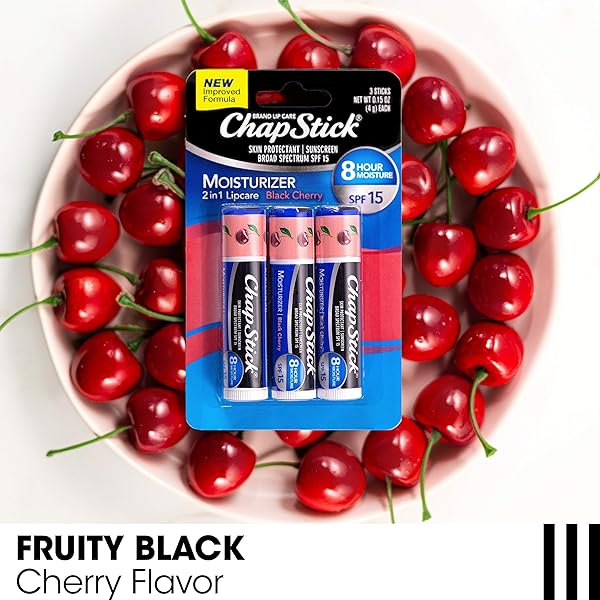 CHAPSTICK MOISTURIZER 2-IN-1 LIPCARE SPF 15, BLACK CHERRY, 3-PACK – SUNSCREEN LIP BALM WITH ALOE VERA AND VITAMIN E, 0.15 OZ EA