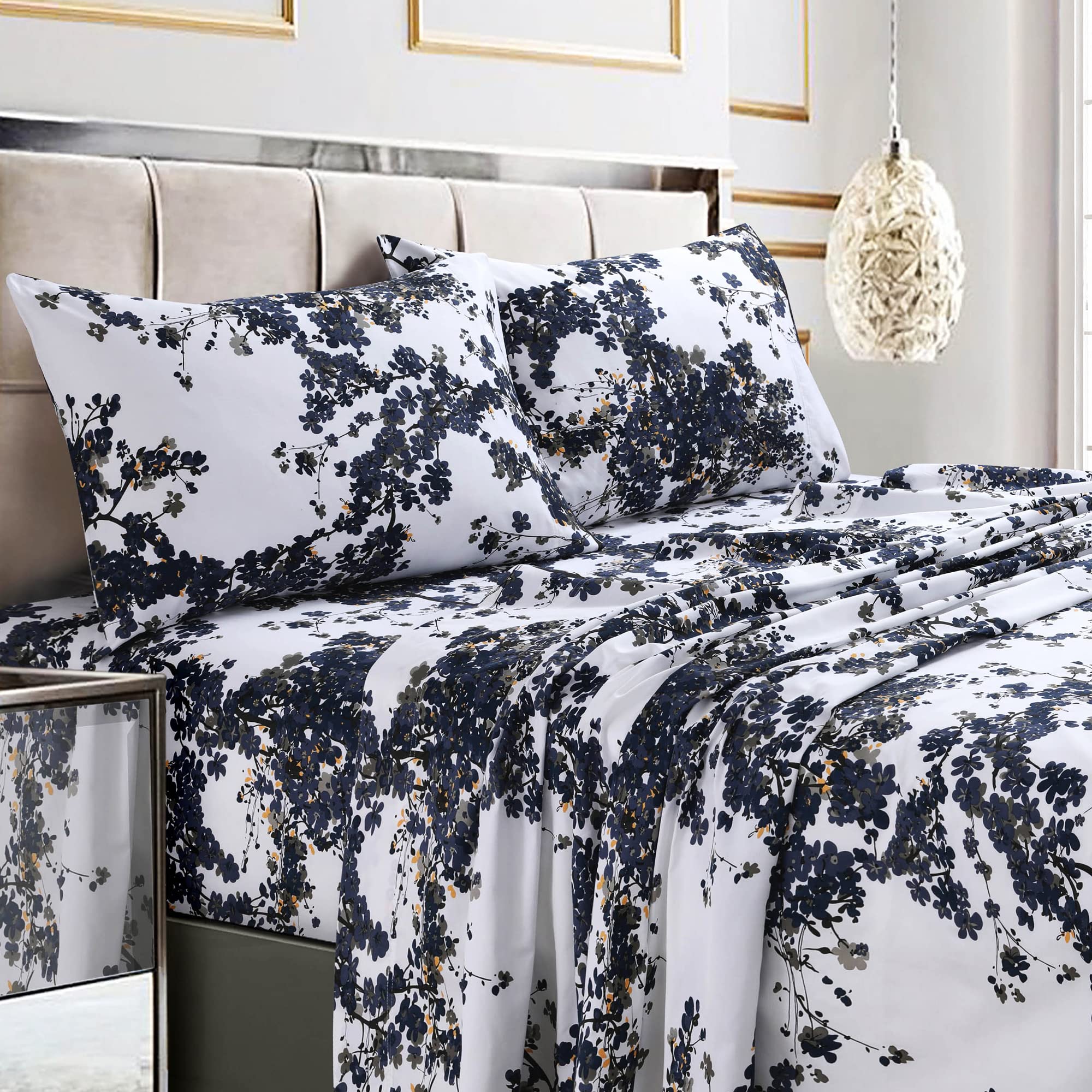 Photo 1 of Tribeca Living Queen Bed Sheet Set, 300 Thread Count Soft Cotton Sateen, Floral Print with Extra Deep Pockets, 4-Piece Bedding Set, Milan Navy Blue/Multicolor