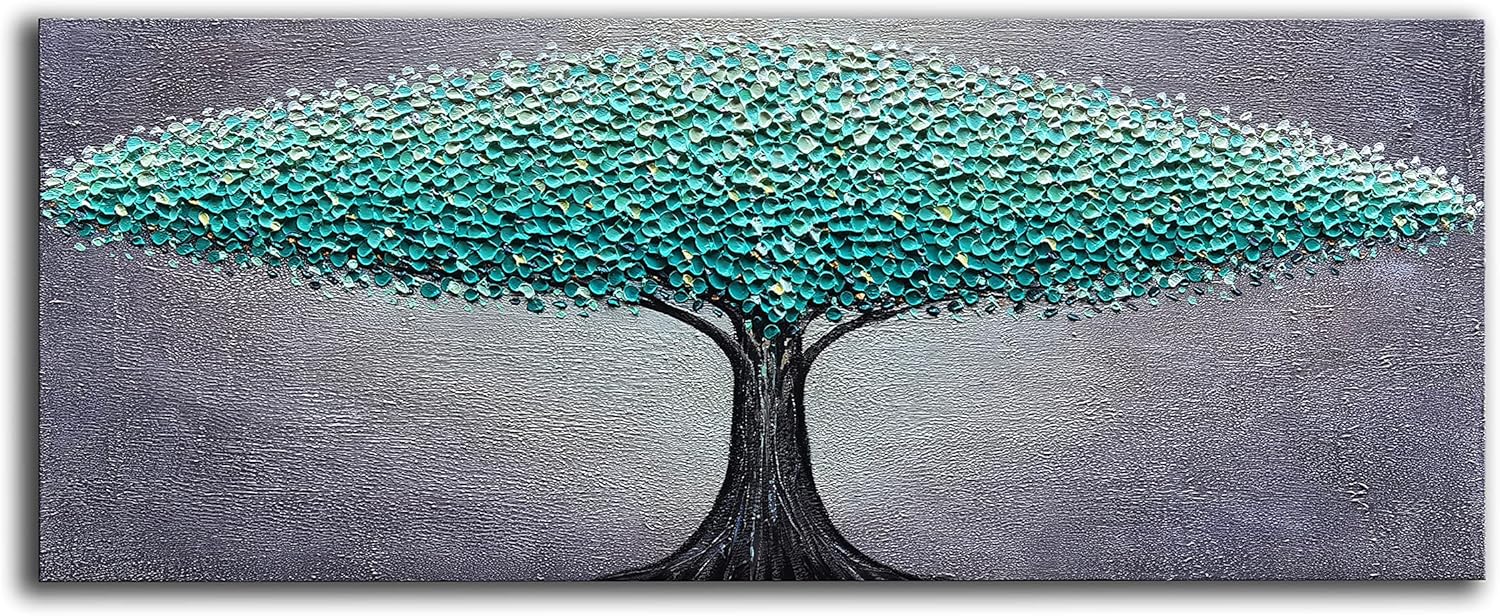 Paintings - JELRINR Original Abstract Art Oil Painting On Canvas Texture Blue and green Tree paintings Canvas Wall Art Hand painted Acrylic paintings Modern Home living Room Office Decor picture 24x60inch