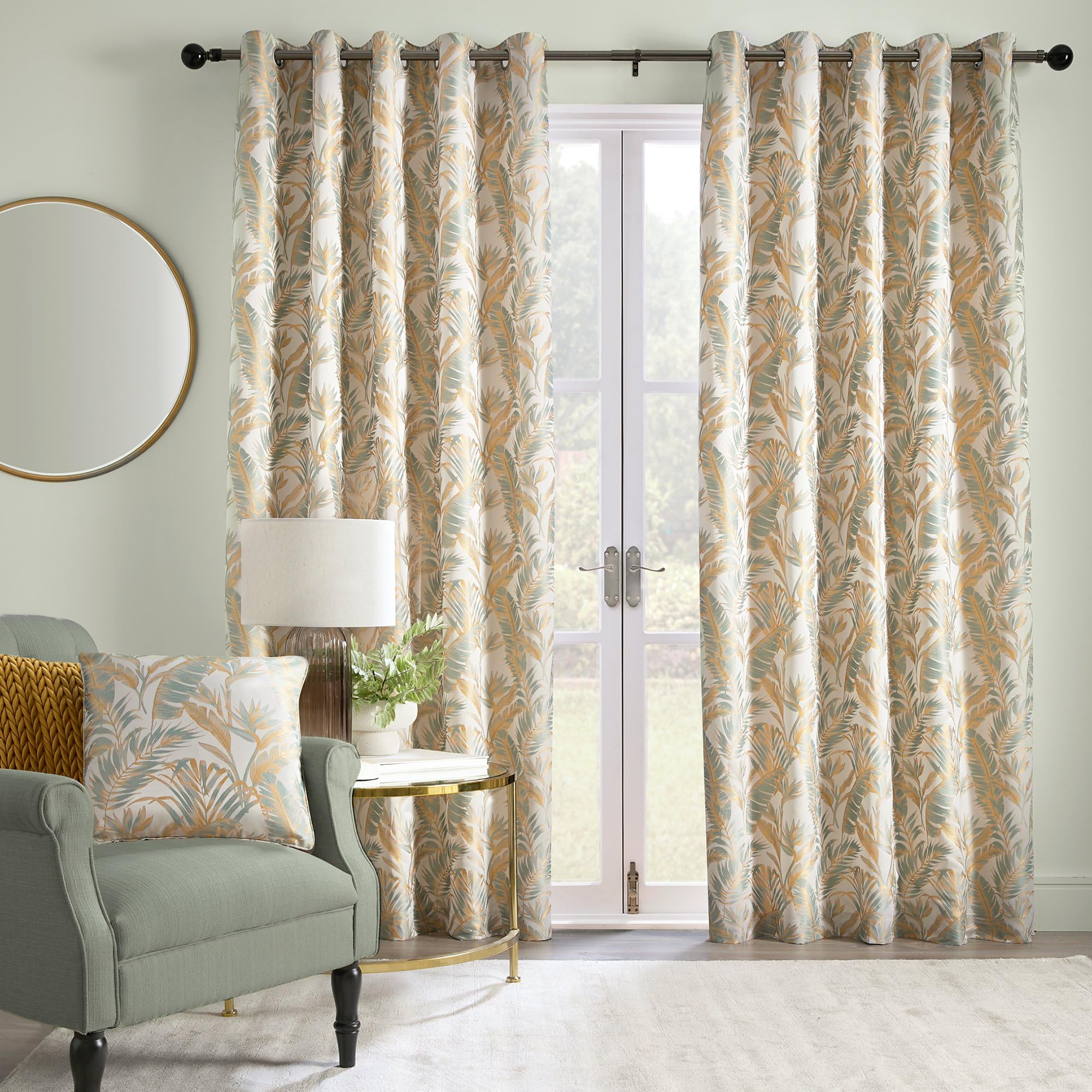 Laurence Llewelyn-Bowen - Ochre/White Tropical Palm Tree Curtains W66 x L54 (168 x 137cm) - Jacquard Curtains w/Floral Leaf/Fern - Luxury Drapes for Living Room/Bedroom- Paradise Palm Collection