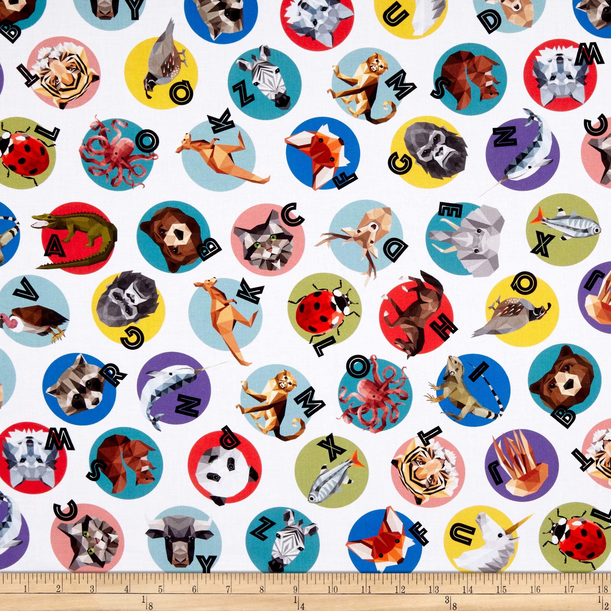 Hoffman Fabrics Digital Zookeeper Tossed Animal Alphabet Circles Fabric, Multicolor, Fabric By The Yard