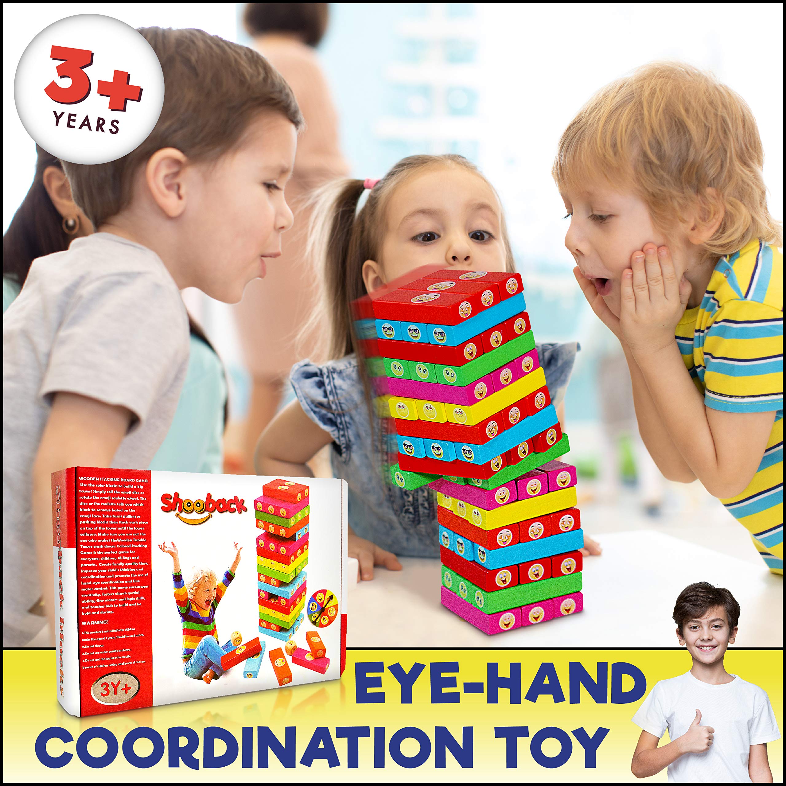 ShooBacK Tumbling Stacking Color Blocks for Kids 51 Pcs Plus Roulette and 2 Dices,Wooden Colored Toppling Stacking Game for Boys and Girls at Age 3 Years Old and up.