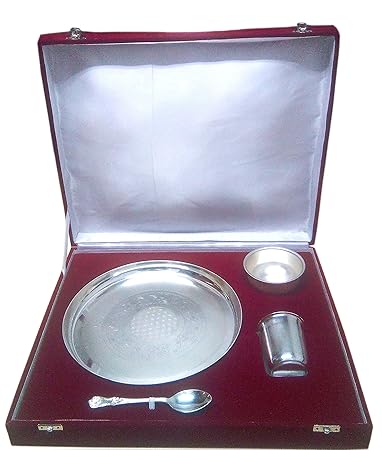 Chandrika Pearls Gems & Jewellers German Silver Thali Set Thali, Glass, Bowl, Spoon