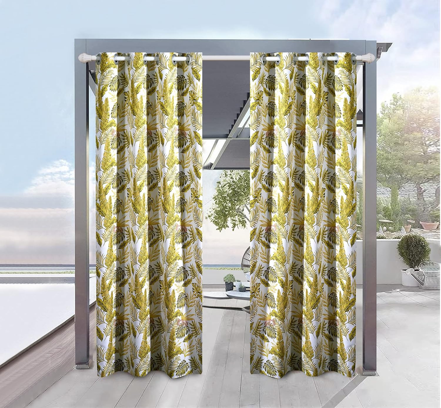 Outdoor Curtains - DreamQuil Printed Outdoor Curtains Grommets Waterproof, 52 × 108 Inch Blackout Curtains Gold Tropical Leaves Curtains & Drapes Weatherproof Sun Blocking UV Protection, Weighted Curtains, 1 Panel