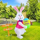 PTS 6FT Inflatable Bunny with Egg Outdoor Decoration, Easter Blow Up Yard Decorations, Built-in LED Lights Inflatables Easter Holiday Funny Decor for Indoor Lawn Garden
