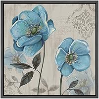 SIGNWIN Framed Canvas Wall Art Russio Blue Magnolias with Biege Background Floral Flower Oil Painting Impressionism Modern Closeup Expressive for Living Room, Bedroom, Office - 16