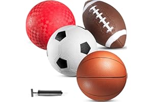 PLAYBOLT 8.5” Sports Balls for Kids & Toddlers - (Pack of 4) Rubber Inflatable Multi-Sport Ball Set - Football, Soccer Ball, Basketball, Playground Ball & Pump - Birthday Gift Toys for Boys & Girls