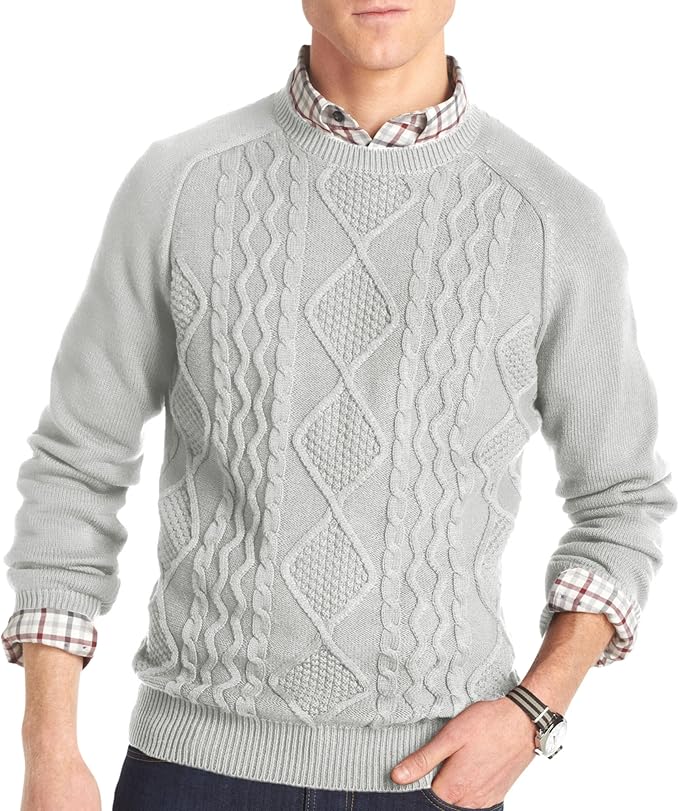 IZOD Men's Long Sleeve 7Gg Full Length Aran Crew Neck Sweater, Light