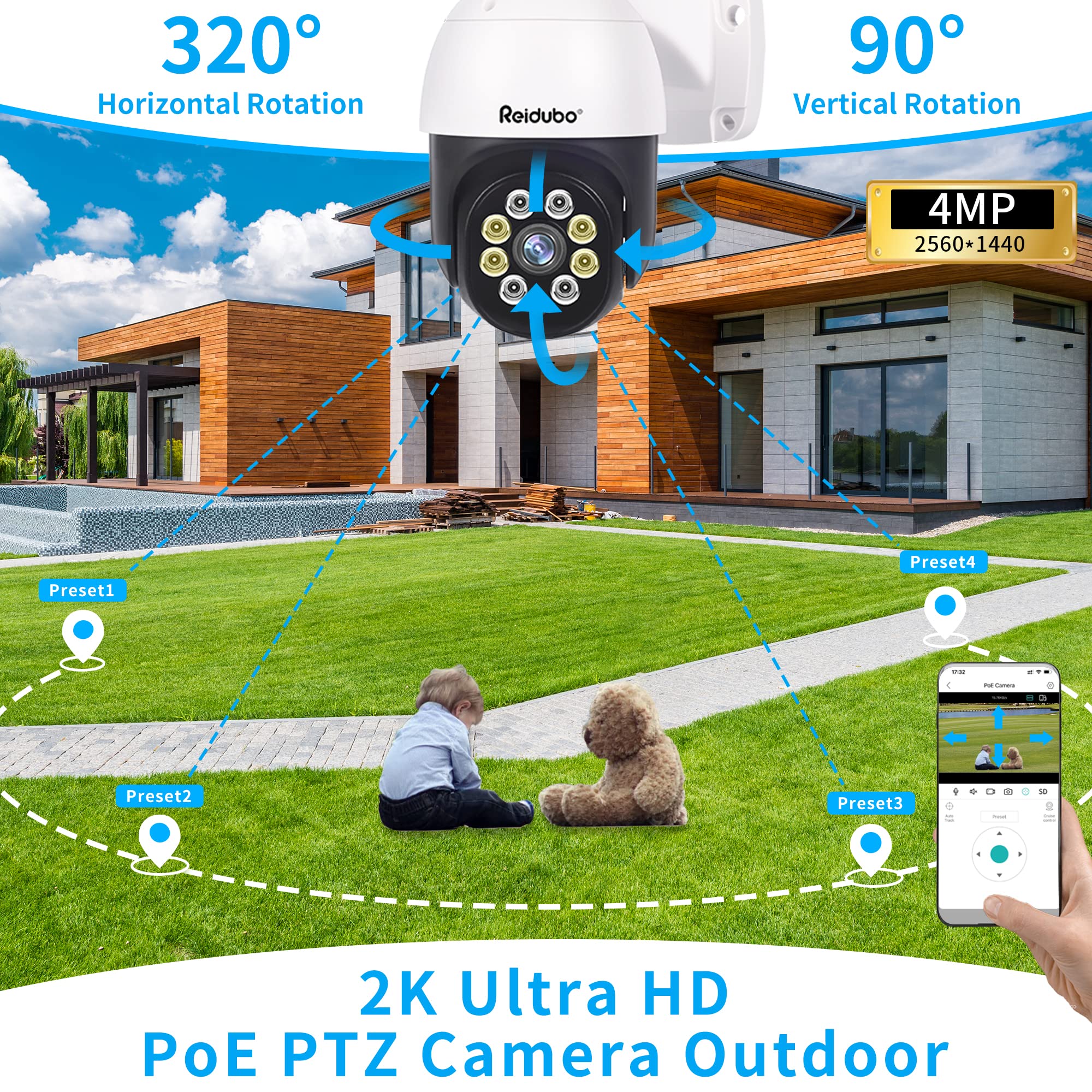 Reidubo 2K IP Outdoor Security PoE Cameras, HD 4MP IP Surveillance @25fps, Two Way Talk,98ft IR Color Night Vision,3.6mm Len,IP66 Waterproof, Motion Detection,Compatible for Hikvision