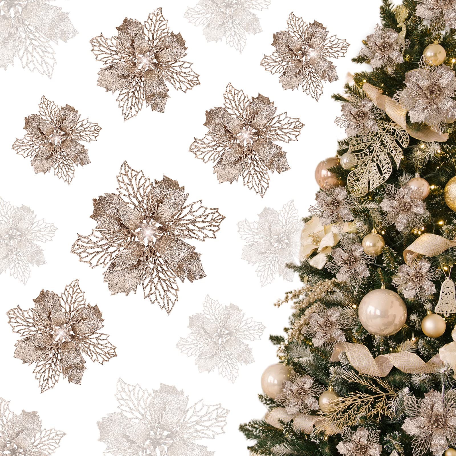 GWHOLE Christmas Ornaments Poinsettia Artificial Flower Set of 21 Christmas Tree Ornaments Christmas Wreath Decoration, Glitter, Home Store, Entrance