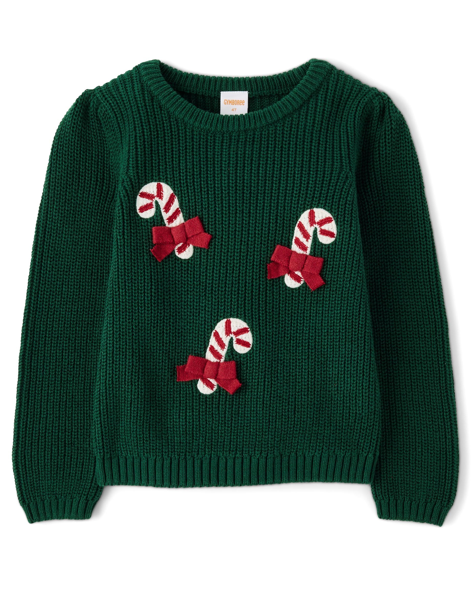 Gymboree,Girls,and Toddler Long Sleeve Embroidered Crew Neck Pullover Sweater,Holiday Candy Canes,7 Image