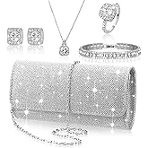 Canchiing 5 Pcs Rhinestone Jewelry Set for Women Glitter Bling Clutch Purse Necklace Earrings Bracelet Ring for Bride Wedding