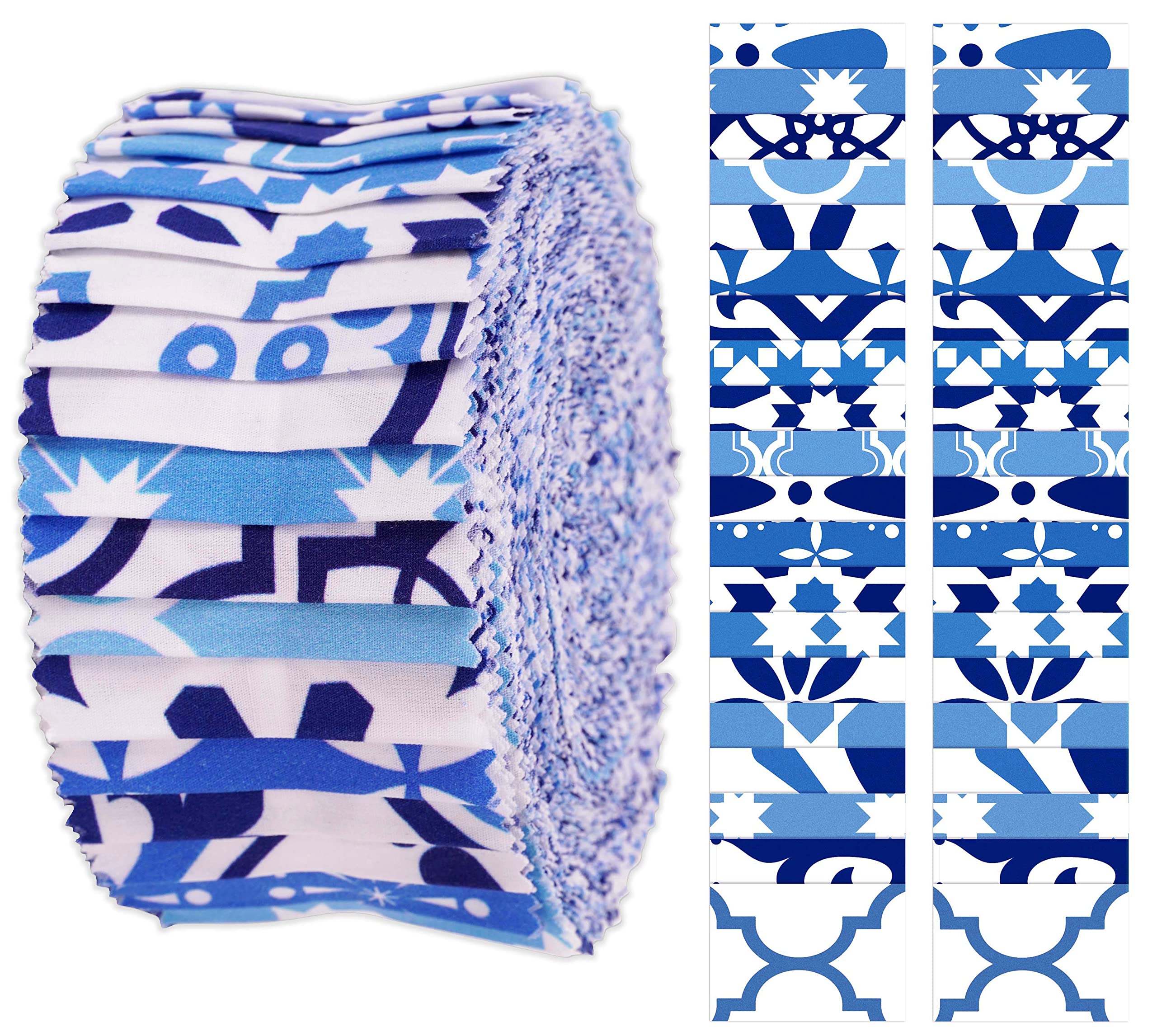 Soimoi 40Pcs Mosaic Print Cotton Precut Fabrics for Quilting Craft Strips 2.5x42inches Jelly Roll - Medium Blue