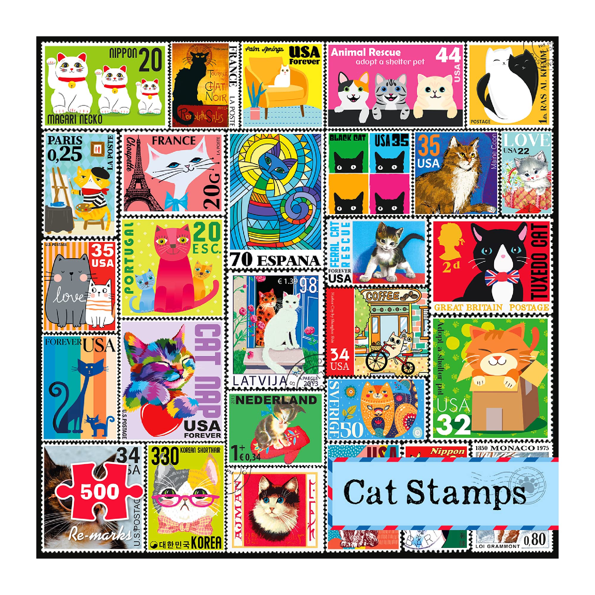 Photo 1 of Re-marks Cat Postage-Stamp Collage Puzzle, 500-Piece Puzzle for All Ages