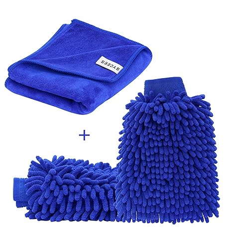 SYCEES 2 Stücke Wasserdicht Mikrofaser Autowaschhandschuh und 1 Stück Microfasertuch Set, weicher Korallen Auto Chenille Wasc