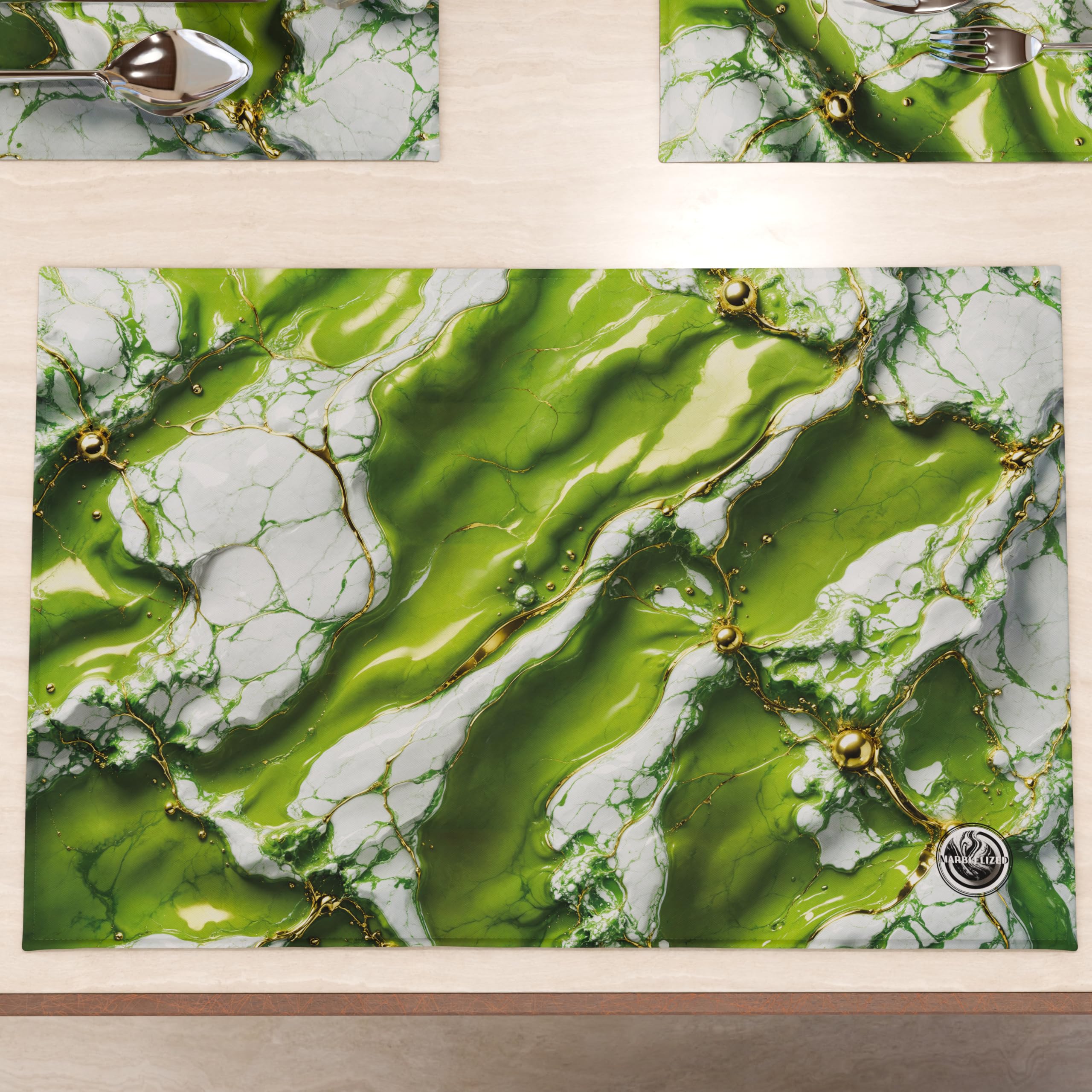 MARBLELIZED - Washable American Placemats, Green Marble Effect Fabric Placemats, Set of 6 (30 x 45 cm) - Elegant, Ideal for Breakfast, Lunch and Dinner, Gift Idea, 100% Made in Italy