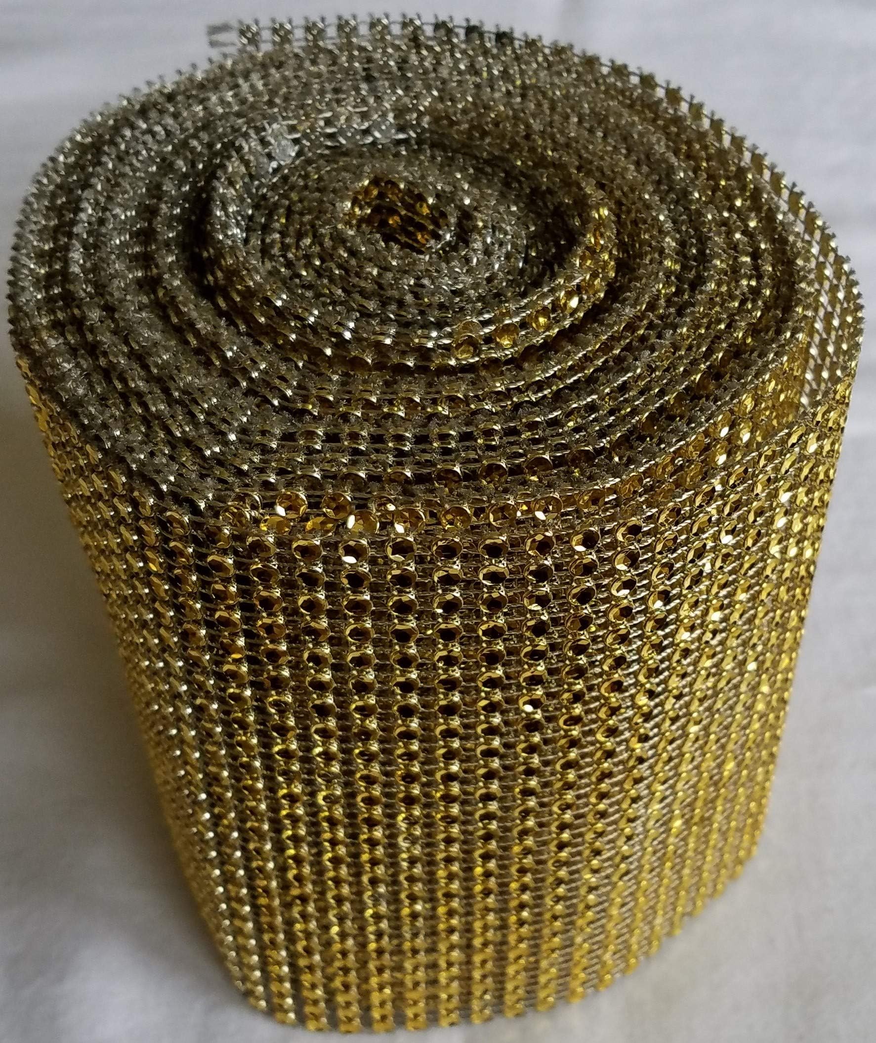 Bling Ribbon Rhinestone Diamond Mesh 4.5" 4mm Acrylic Crystal 24 Rows 10 Yards Roll (Gold)