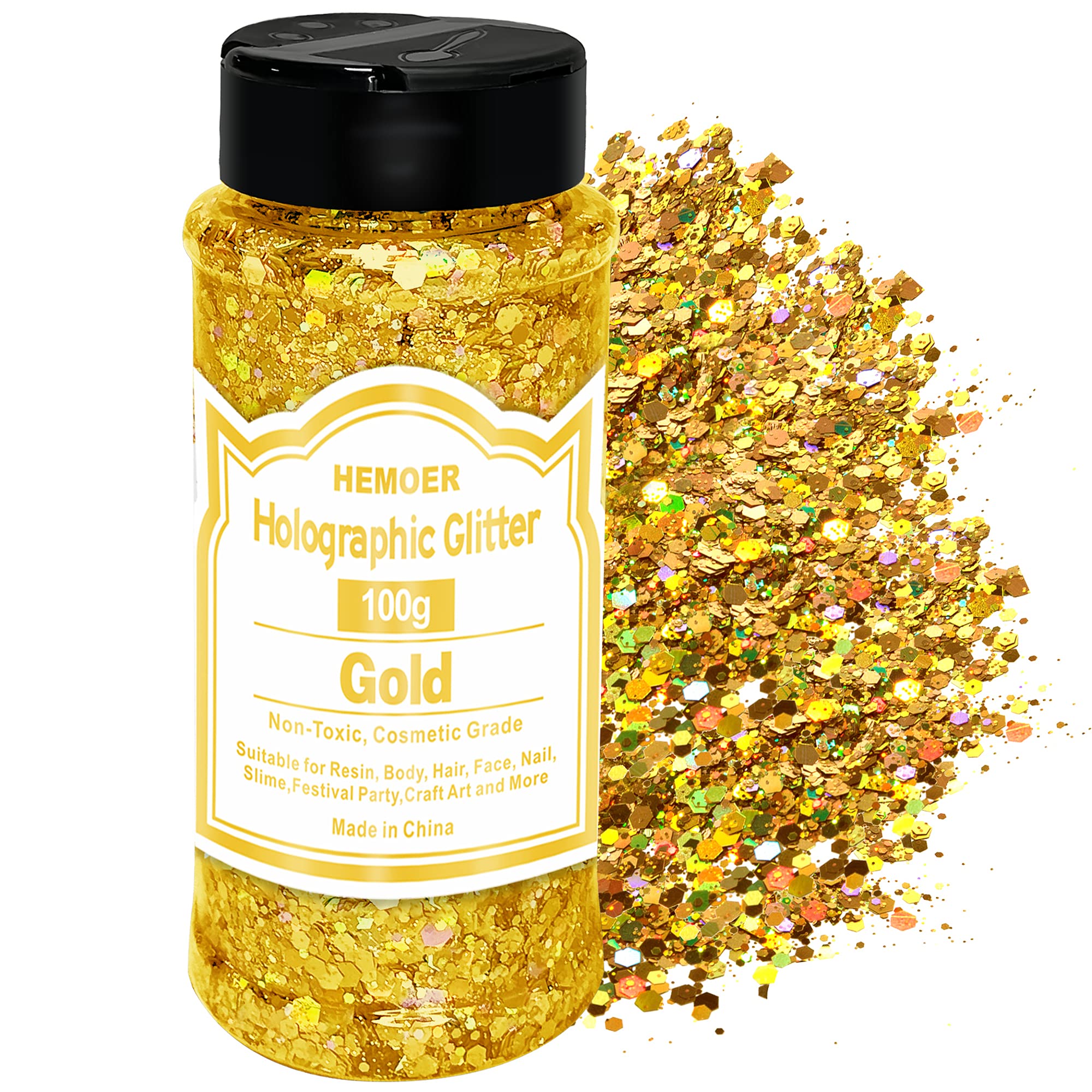 HEMOER Holographic Chunky Glitter, 100g Gold Chunky Sequins Glitter, Cosmetic Craft Glitters for Resin, Face, Nail, Body, Crafts, Slime Festival Party Art and More-3.52oz/Bottle