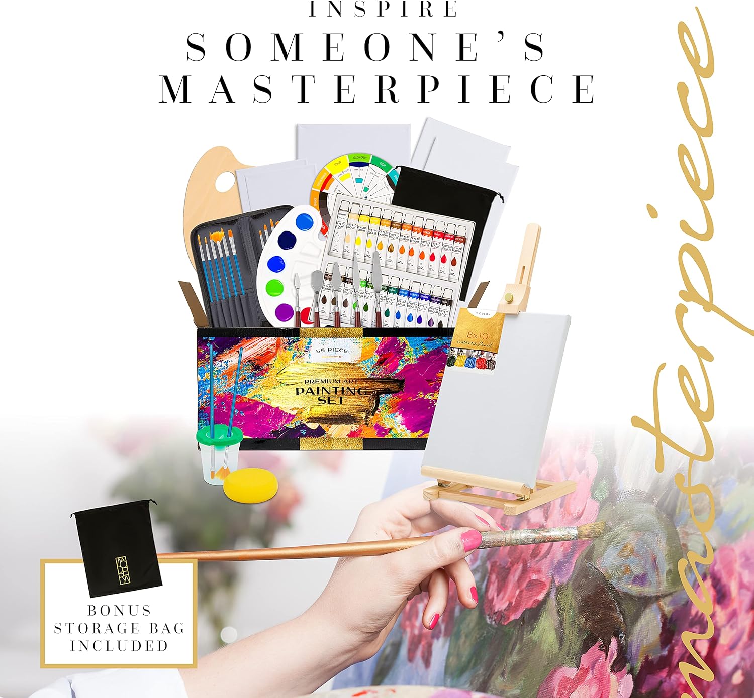 MODERA Premium Acrylic Art Paint Set | 55-Piece Professional Artist Painting Supplies Kit w/Wooden Easel, 24 Paints, 12 Brushes, 5 Knives, 2 Palettes, 6 Canvases & More | for Adults, Kids & Beginners