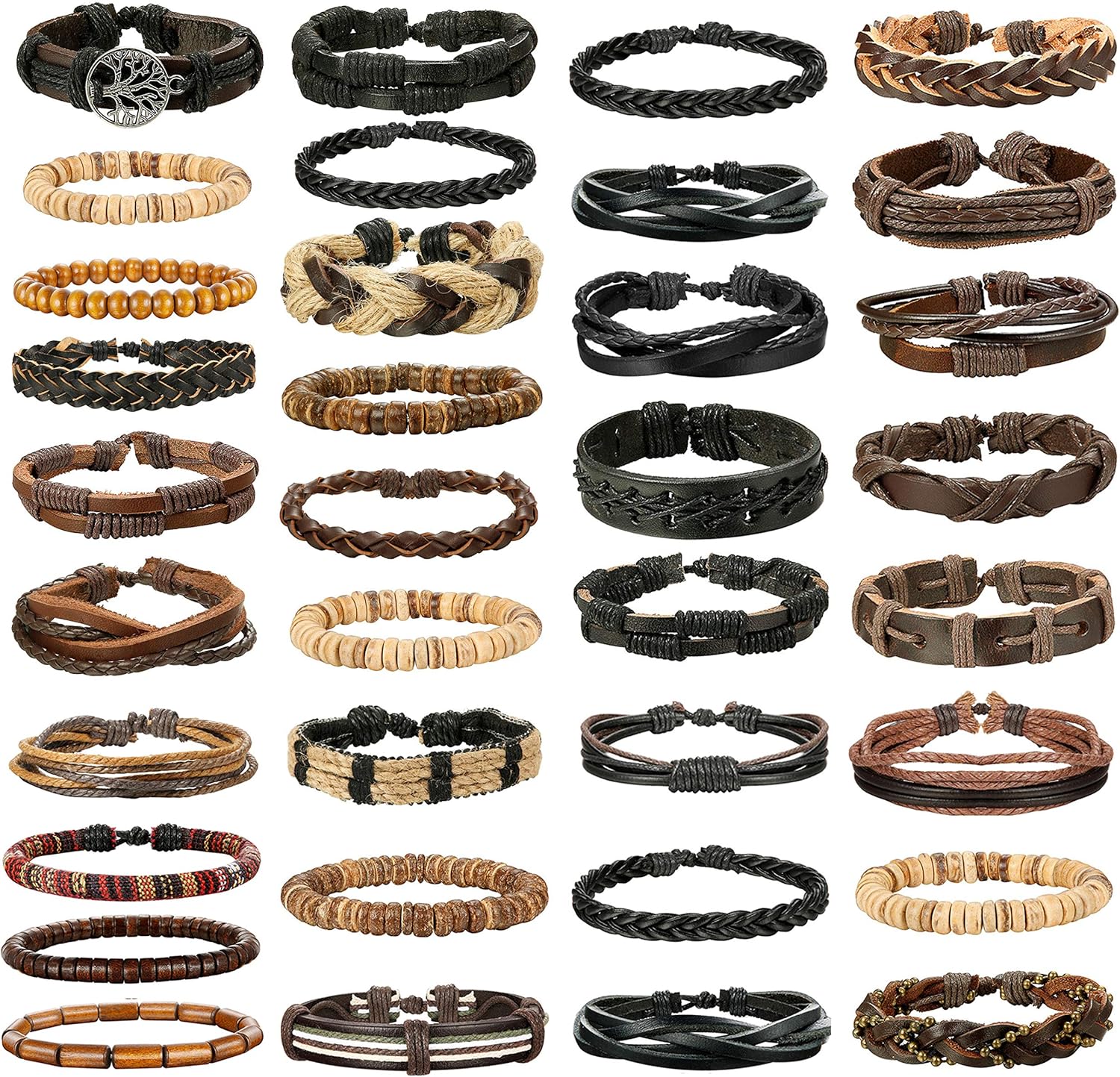 LOLIAS 32 Pcs Woven Leather Bracelet for Men Women Cool Leather Wrist Cuff Bracelets Adjustable: Clothing