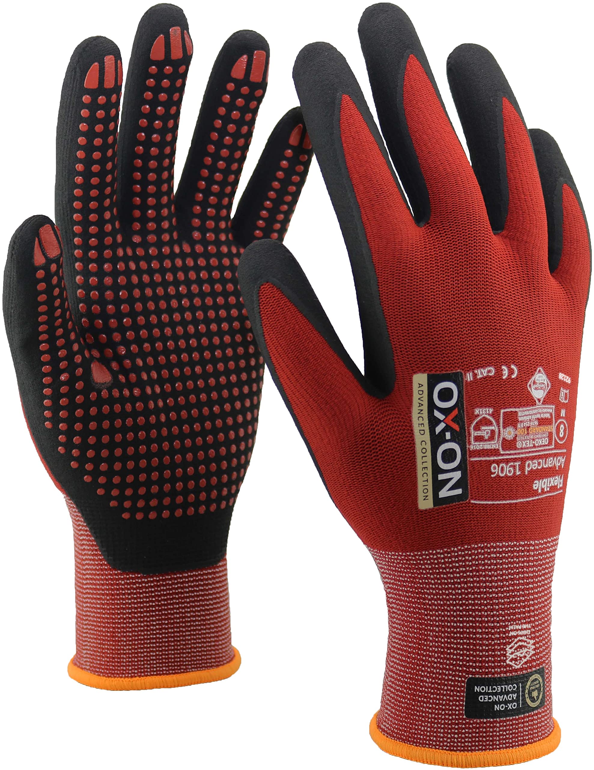 OX-ON Flexible Advanced 1906 Red Work Gloves, Extremely Durable Safety Gloves, Secure & Precise Grip,Protective & Comfortable Nitrile Gloves,Dotted Palm For Extra Grip,Sanitised - 6pairs, Size 12/XXXL