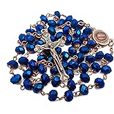 Nazareth Store Deep Blue Crystal Beads Rosary Necklace Catholic Prayer Jerusalem Holy Soil Medal Cross Antique Religious Rosaries Beads Collection
