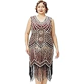 BABEYOND Women's Plus Size Flapper Dresses 1920s V Neck Beaded Fringed Great Gatsby Dress
