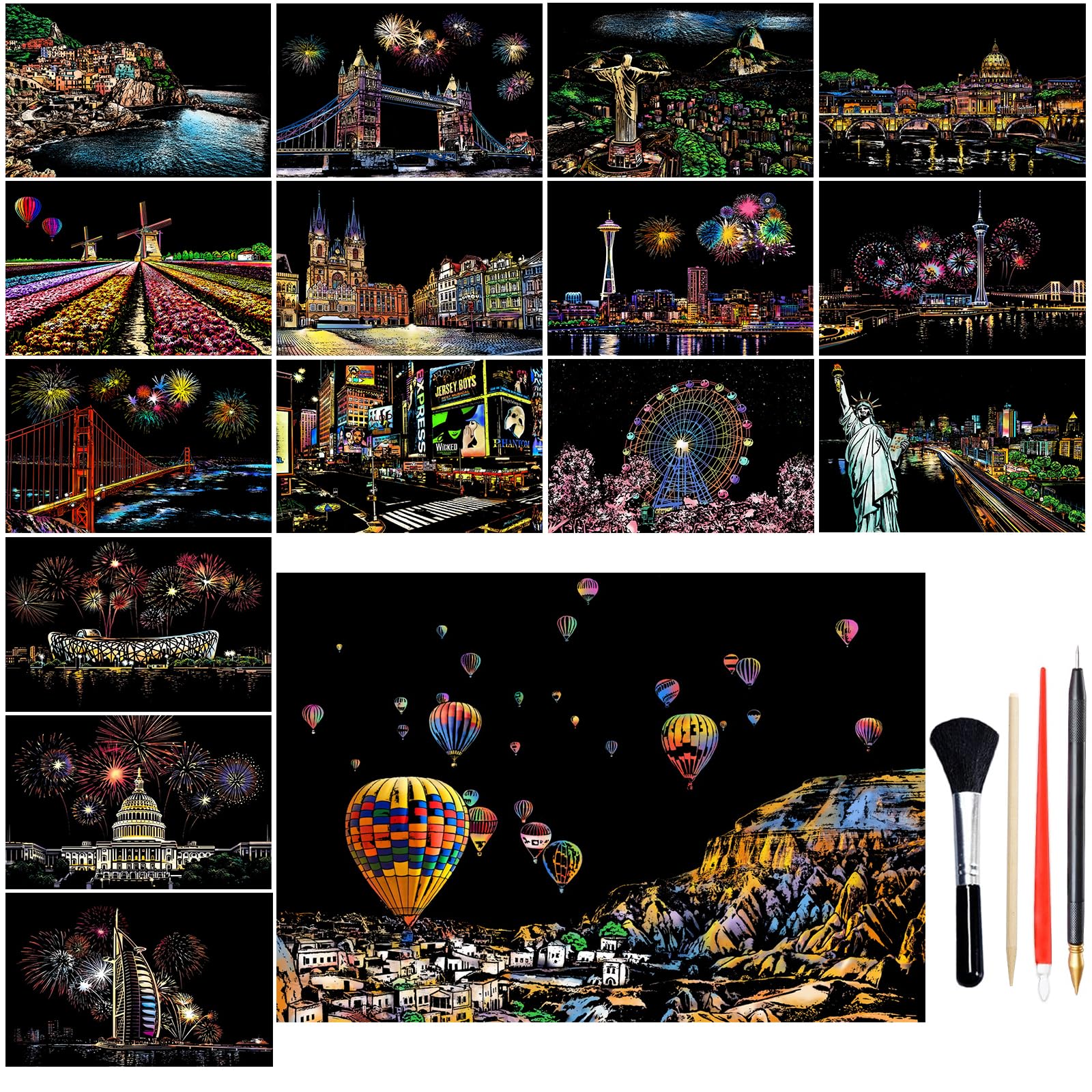 16Pcs A4 Scratch Art Paper for Adults, Rainbow Night View Scratch Template, Scratching Cards Kit with World Famous Landmarks & Fireworks and 4 Tools for Christmas Birthday DIY Craft Gift