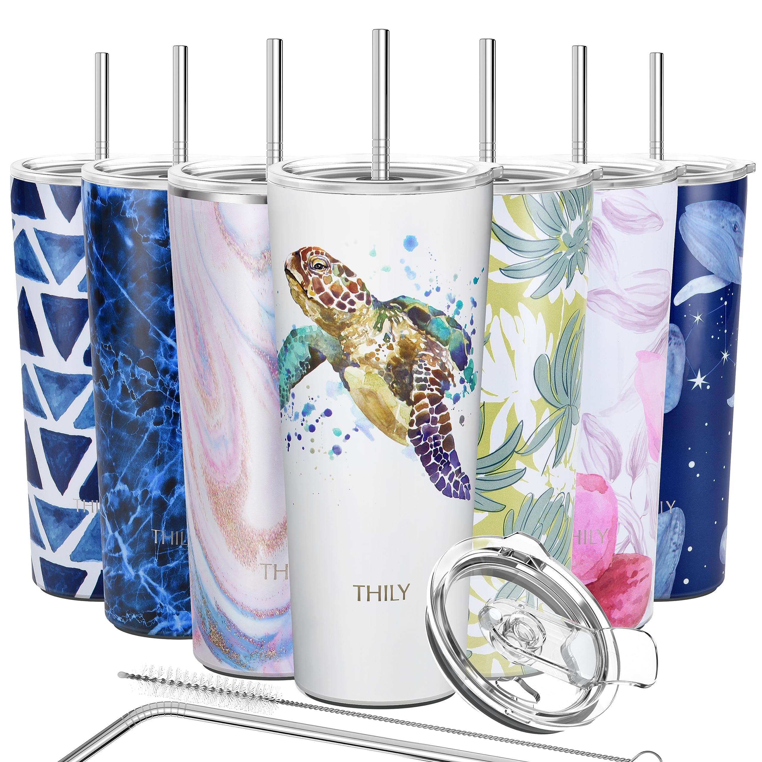THILY Stainless Steel Vacuum Insulated Tumbler Travel Mug 26 oz Coffee Cup with 2 Lids and Straws, Splash Proof, Keep Ice Drinks Cold, Sea Turtle