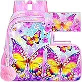 CCJPX 3PCS Kids Backpack for Girls, 16 Inch Butterfly Preschool School Backpacks with Lunch Box, Water Resistant Bookbag for Elementary Toddler Travel