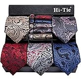 Hi-Tie Lot 5 Pcs Gift Box Mens Tie Set Necktie with Pocket Square Cufflinks Silk Neck Tie Collection