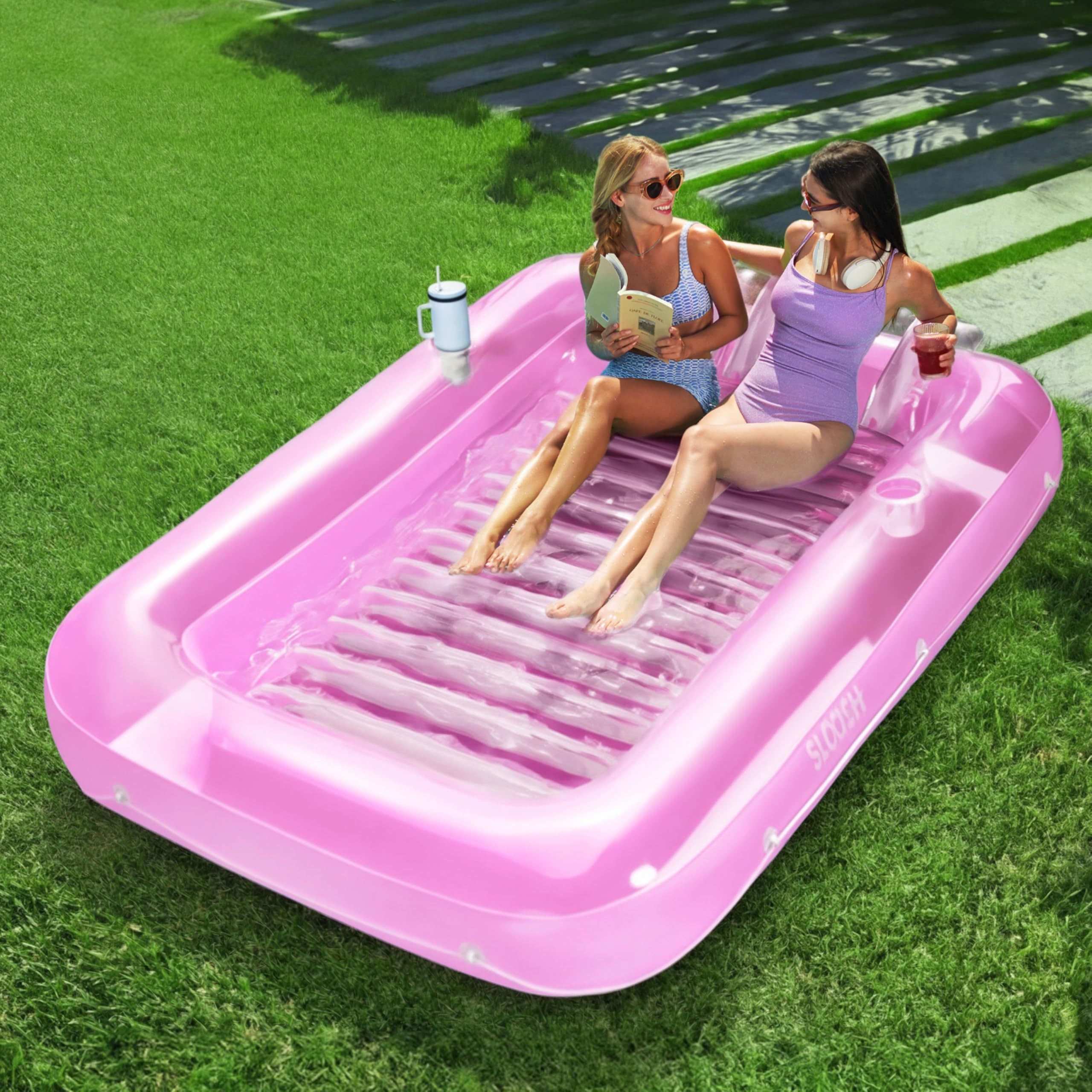 SLOOSH Inflatable Tanning Pool Lounger Float, 85" x 57" Extra Large Pool Floats Adult with Pillow, 4 in 1 Suntan Tub Raft Floatie,Sunbathing Bed Lounge for Water Blow Up Party Gifts, XL-Pink White
