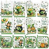 SiliFine 12 Pcs St. Patrick's Day Kitchen Towels Pot Holders and Oven Mitts Set 4 Green Clover Dish Towels 4 Shamrock Leprechaun Coins Oven Mitts 4 Gnomes Potholders for Xmas Dish Baking Decorative