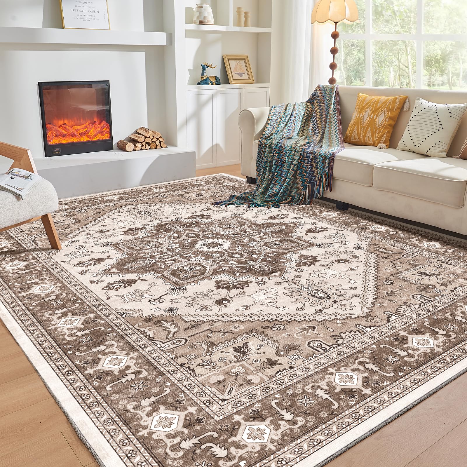 OPPODREAM Soft 6x9 Area Rugs, Washable Rug 6x9 with Non Slip Backing, Faux Cashmere Low-Pile 6 x 9 Carpet, Brown Image