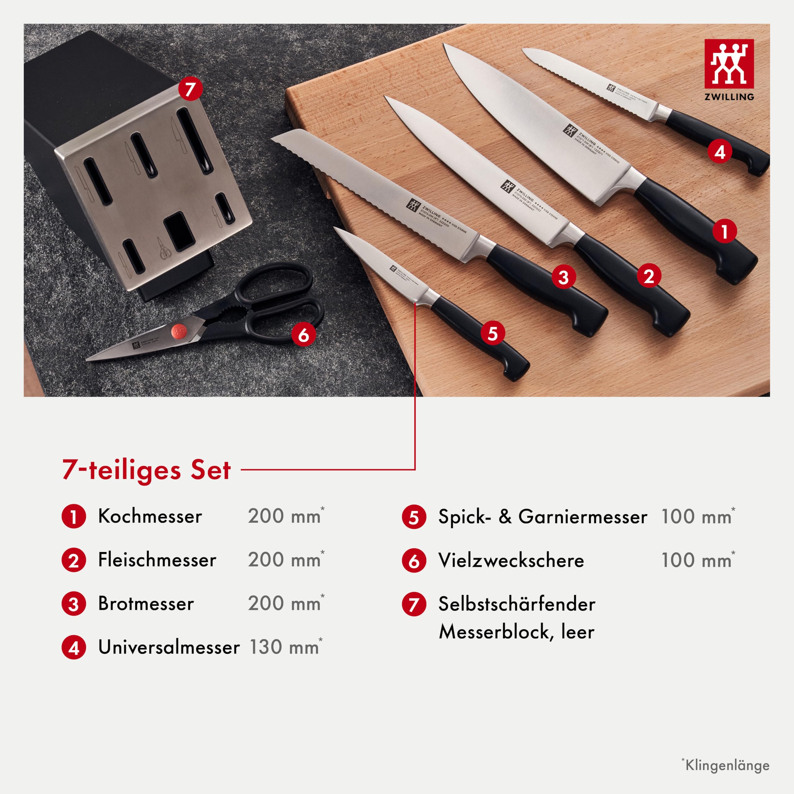 ZWILLING Vier Sterne Selbstschärfender Messerblock 7-teilig, Rostfreier Spezialstahl, Schwarz, Made in Germany 4