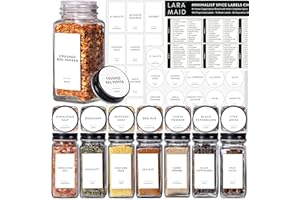 LARAMAID 459 Minimalist Spice Jar Label Set, Black Text on White Vinyl Waterproof Label Sticker - Fits on Round, Square and Rectangle Glass Jars - Organize Kitchen and Pantry