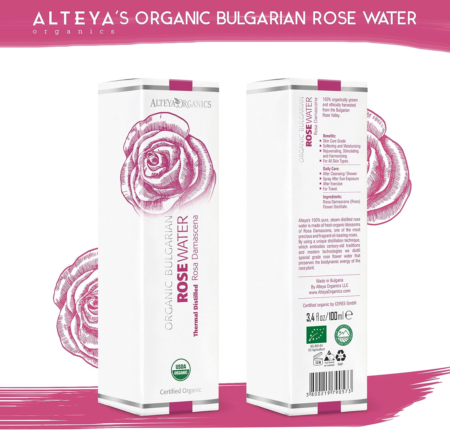 Alteya Organic Rose Water 100ml Spray, Pure Organic Rosa Damascena (Damask Rose) Hydrolat, No additives - Image 3