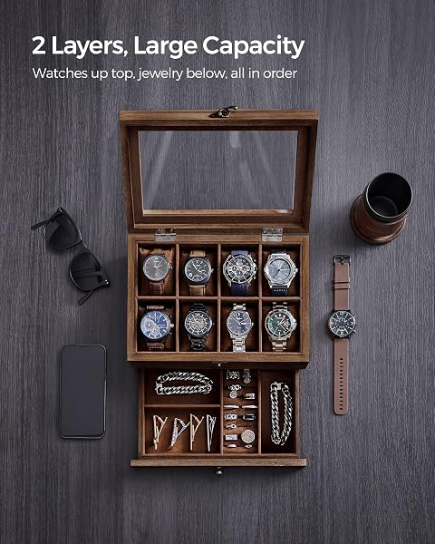 SONGMICS 8-SLOT WATCH BOX, 2-TIER WATCH DISPLAY CASE WITH LARGE GLASS LID, REMOVABLE PILLOWS, VELVET LINING, JEWELRY BOX, GIFT IDEA, RUSTIC WALNUT UJOW008K01