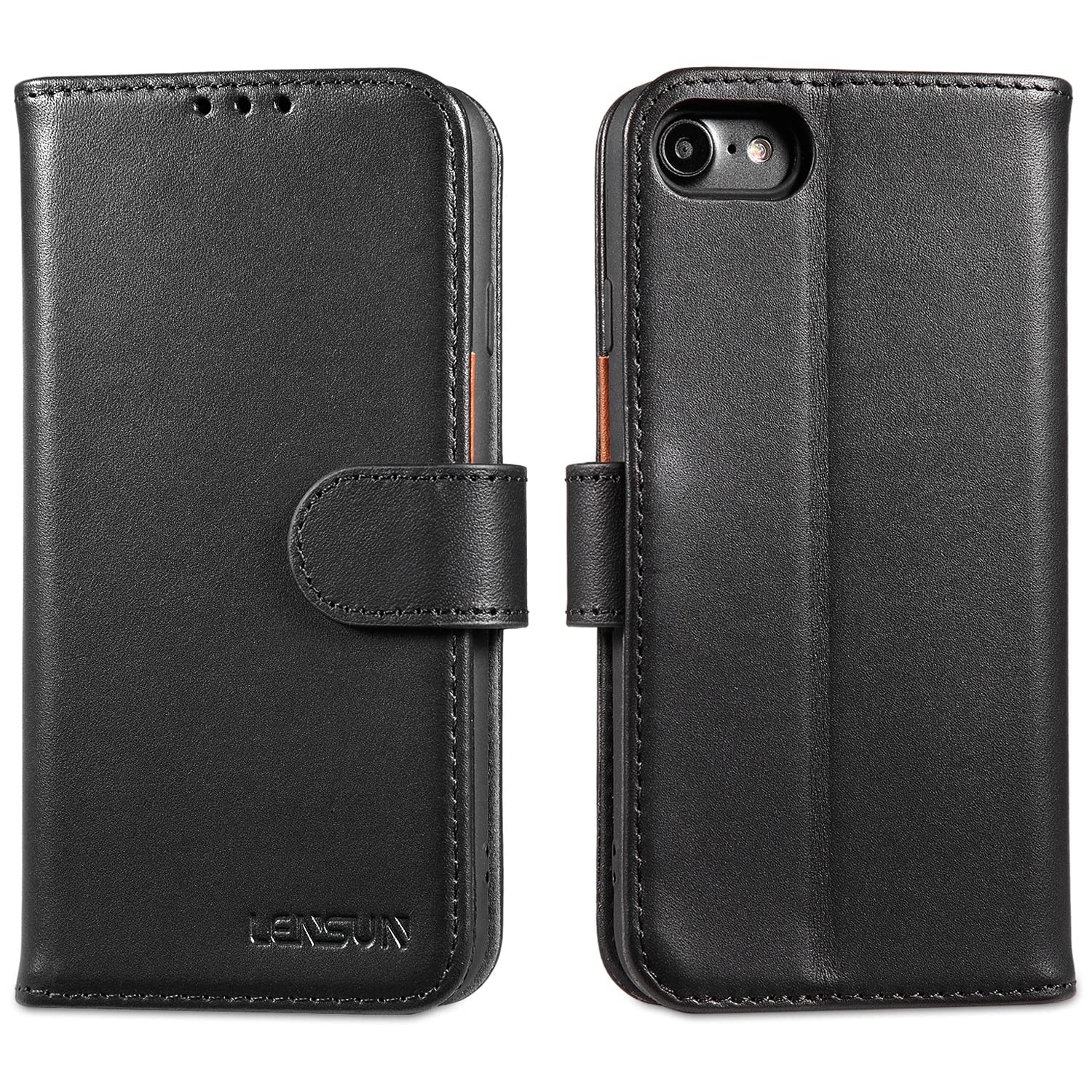 LENSUN Flip Case for iPhone SE 2022/2020/8/7, Genuine Leather Wallet Phone Cover [RFID Blocking] with Card Holder and Magnetic Closure for iPhone 7/8/SE 2022/2020 - Black — image 1
